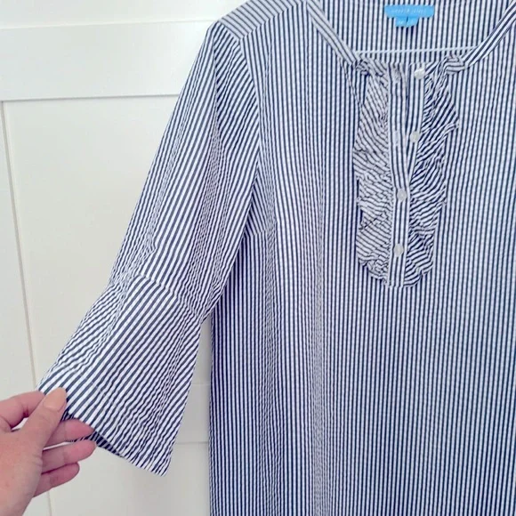 Draper James Seersucker Blue and White Shift Dress w/ 3/4 bell sleeves - Picture 6 of 9